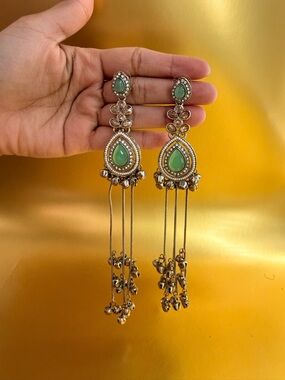 Green Teardrop Chandbali Earrings with Jhumka Tassels